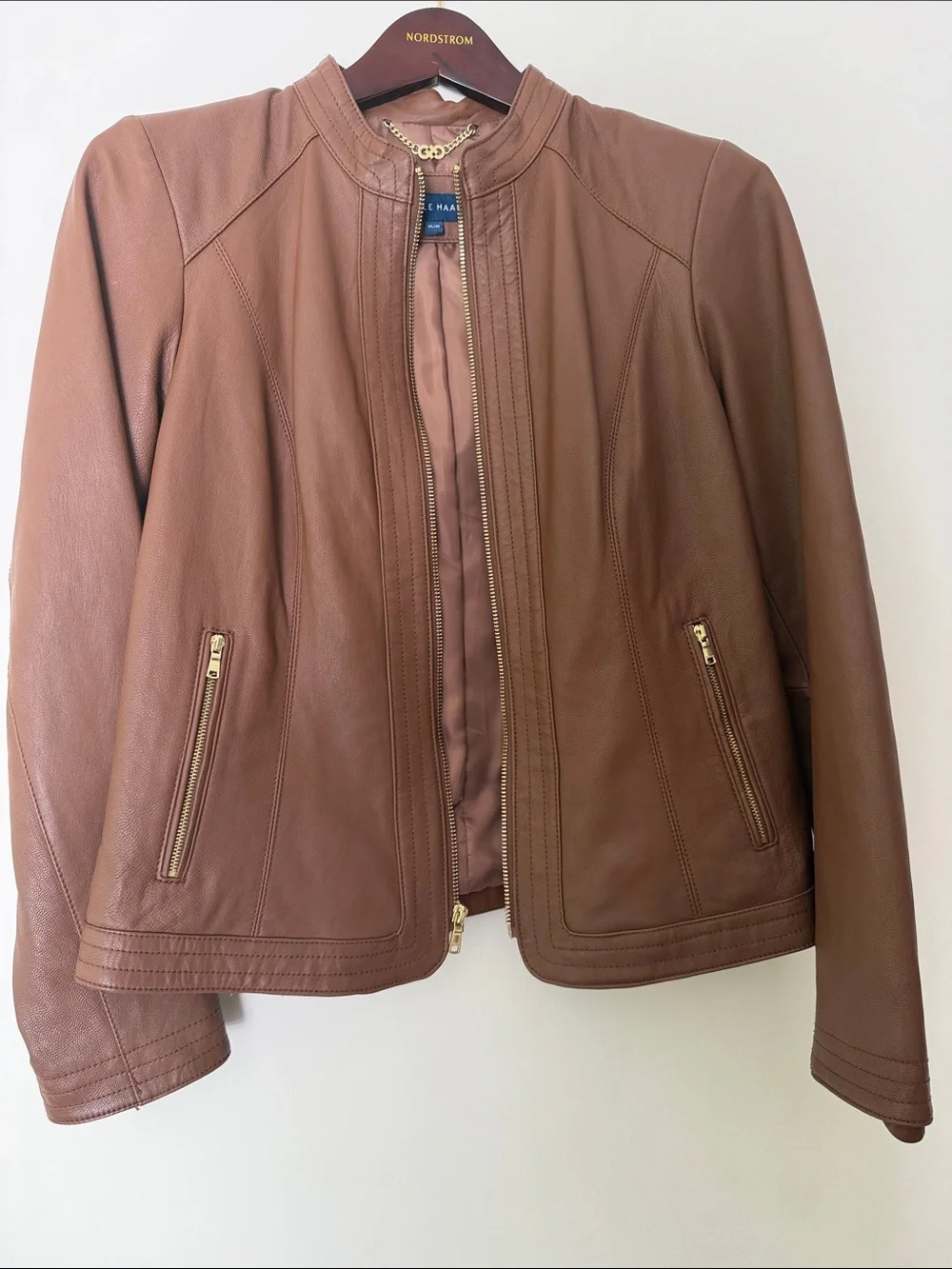 Cole Haan Japan Brown Genuine Leather Moto Jacket Gold Hardware Size M NWOT - Picture 2 of 16